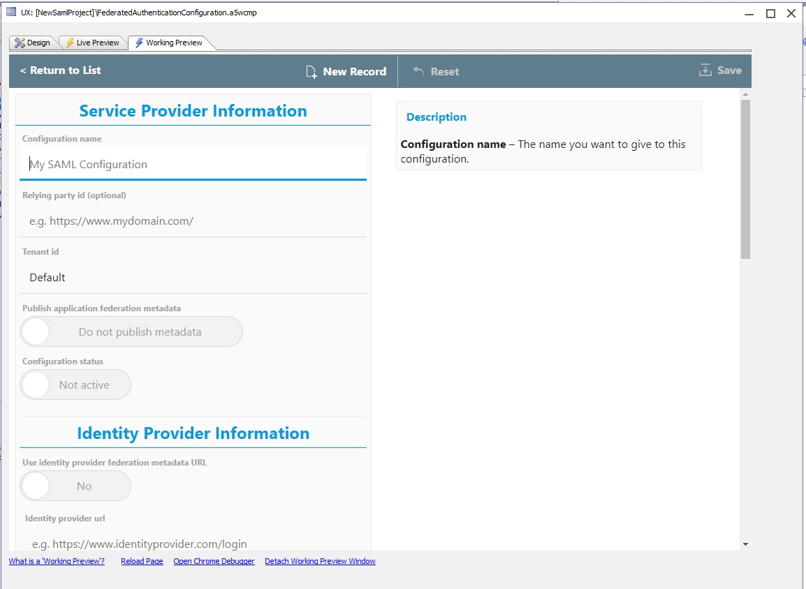 Federated Authentication Configuration Form